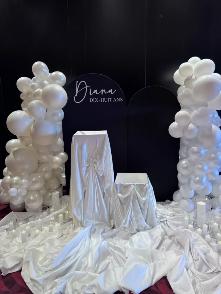Décoration élégante d'une salle de réception pour l'organisation d'un anniversaire adulte à Lausanne.